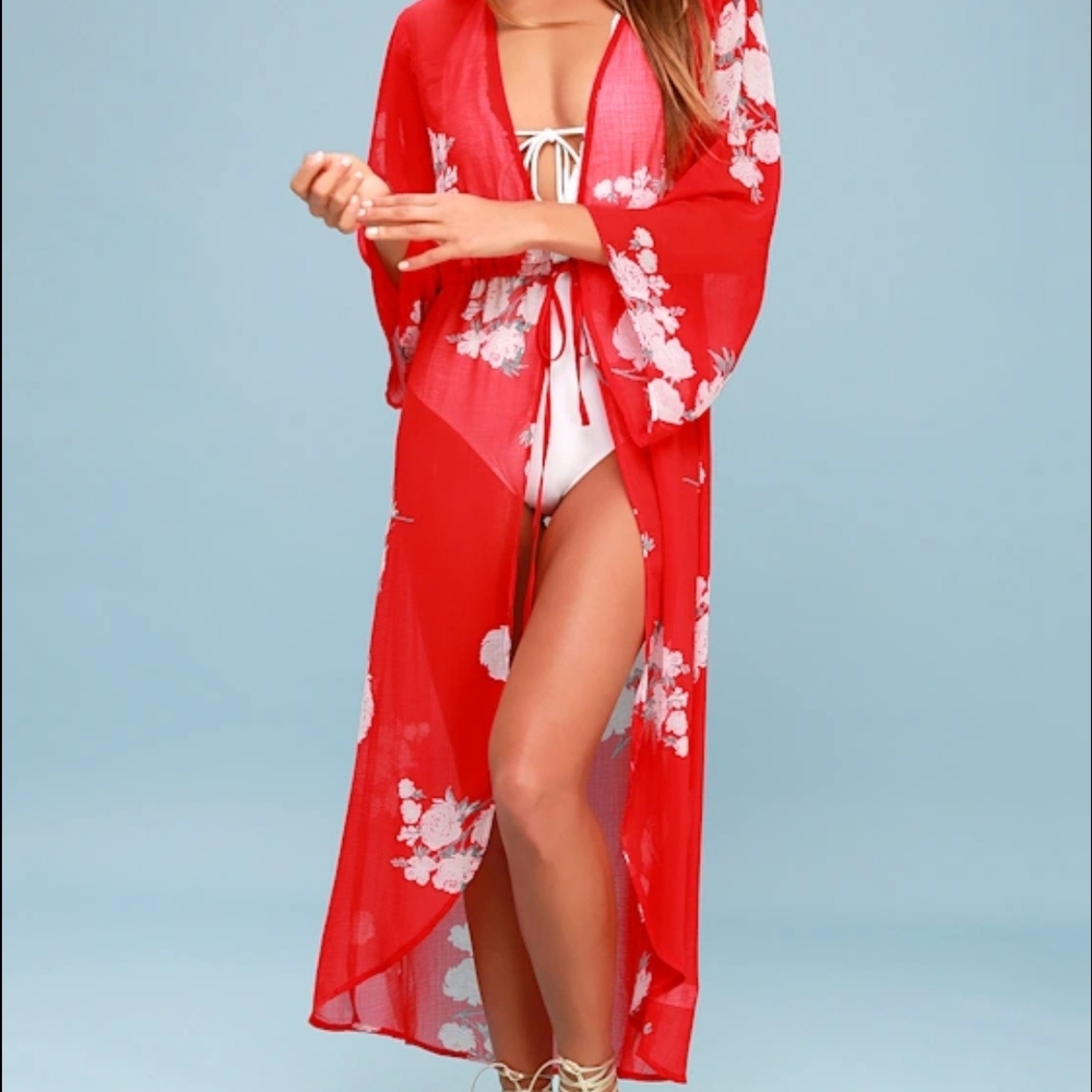 Lulu's Red Floral Sheer Maxi Swim Coverup